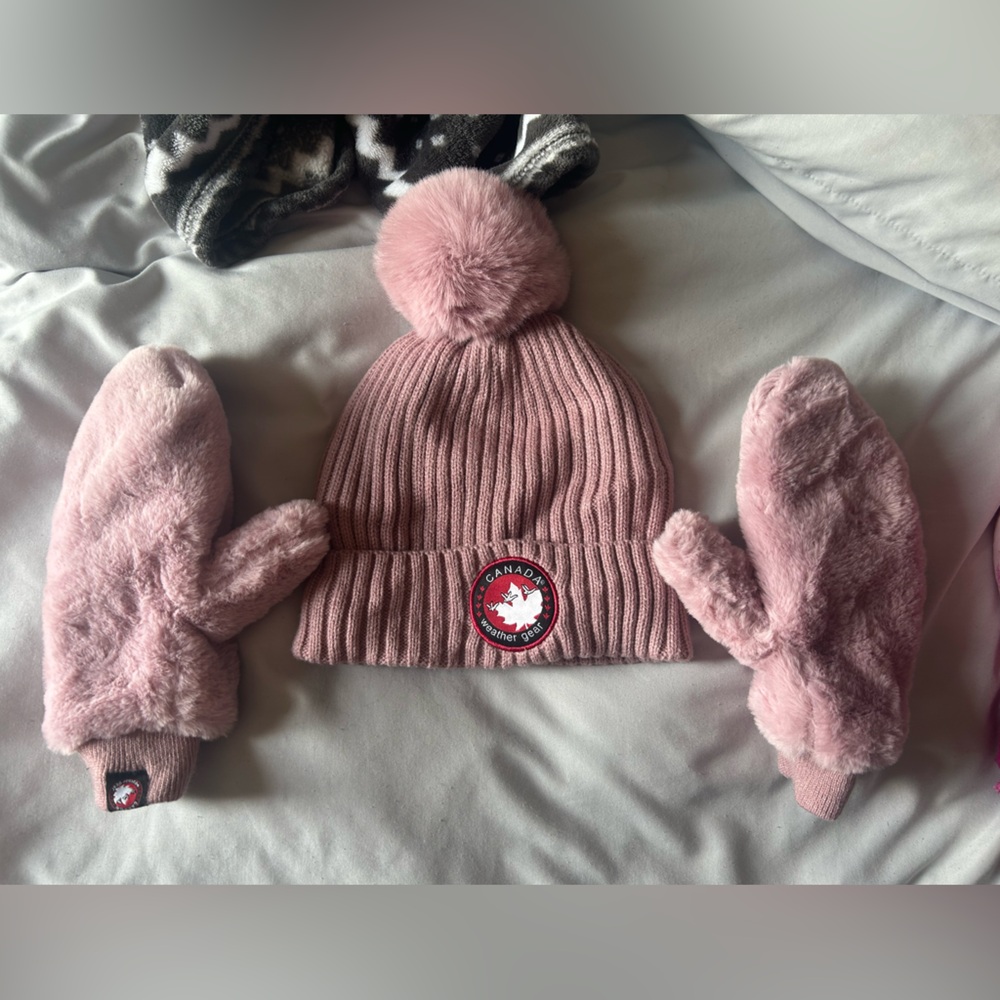 Pink Fuzzy Winter Hat and Mittens Set